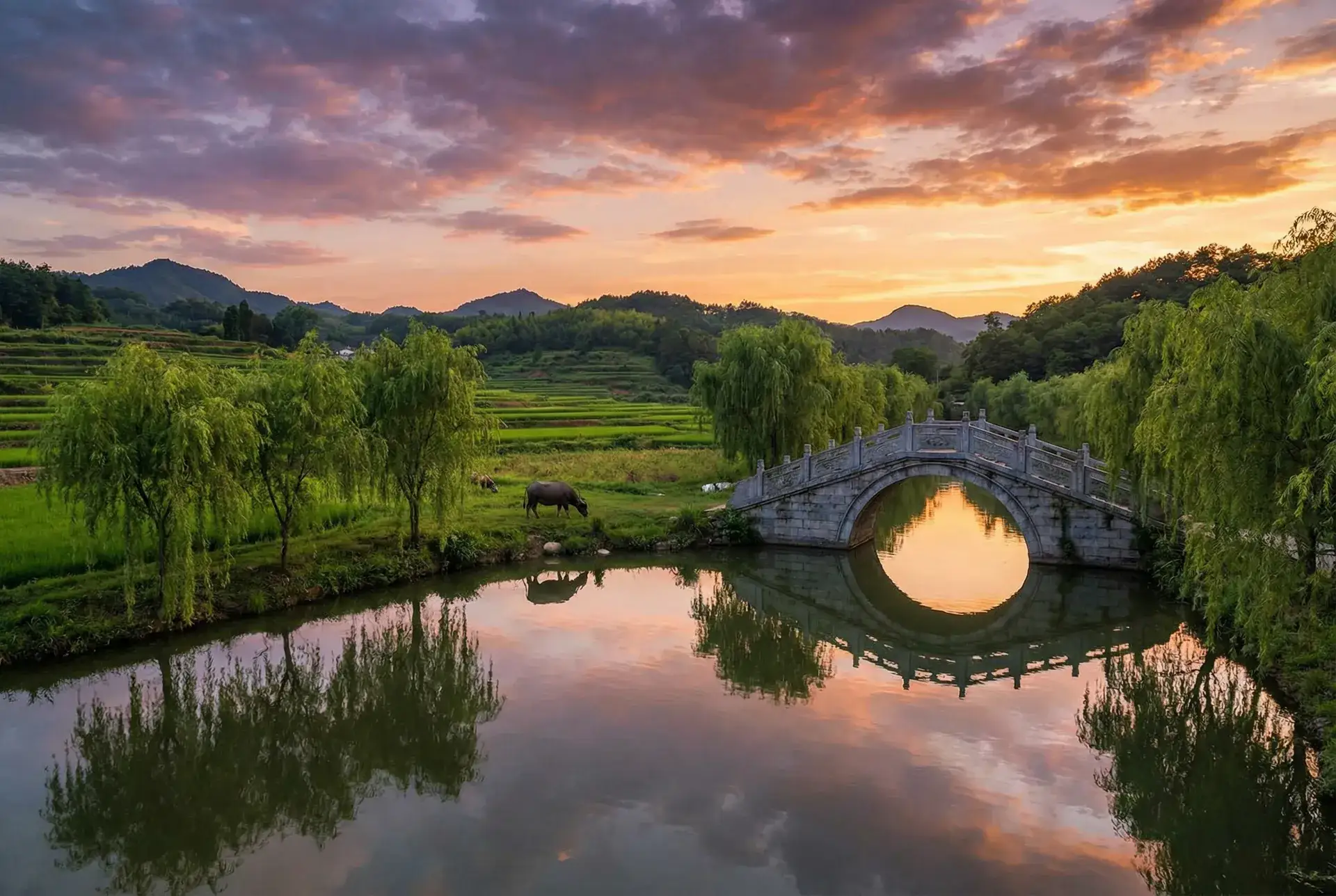 夕阳下的石拱桥与垂柳，水牛在河边吃草 - 百团大战电影下载 乡村美景